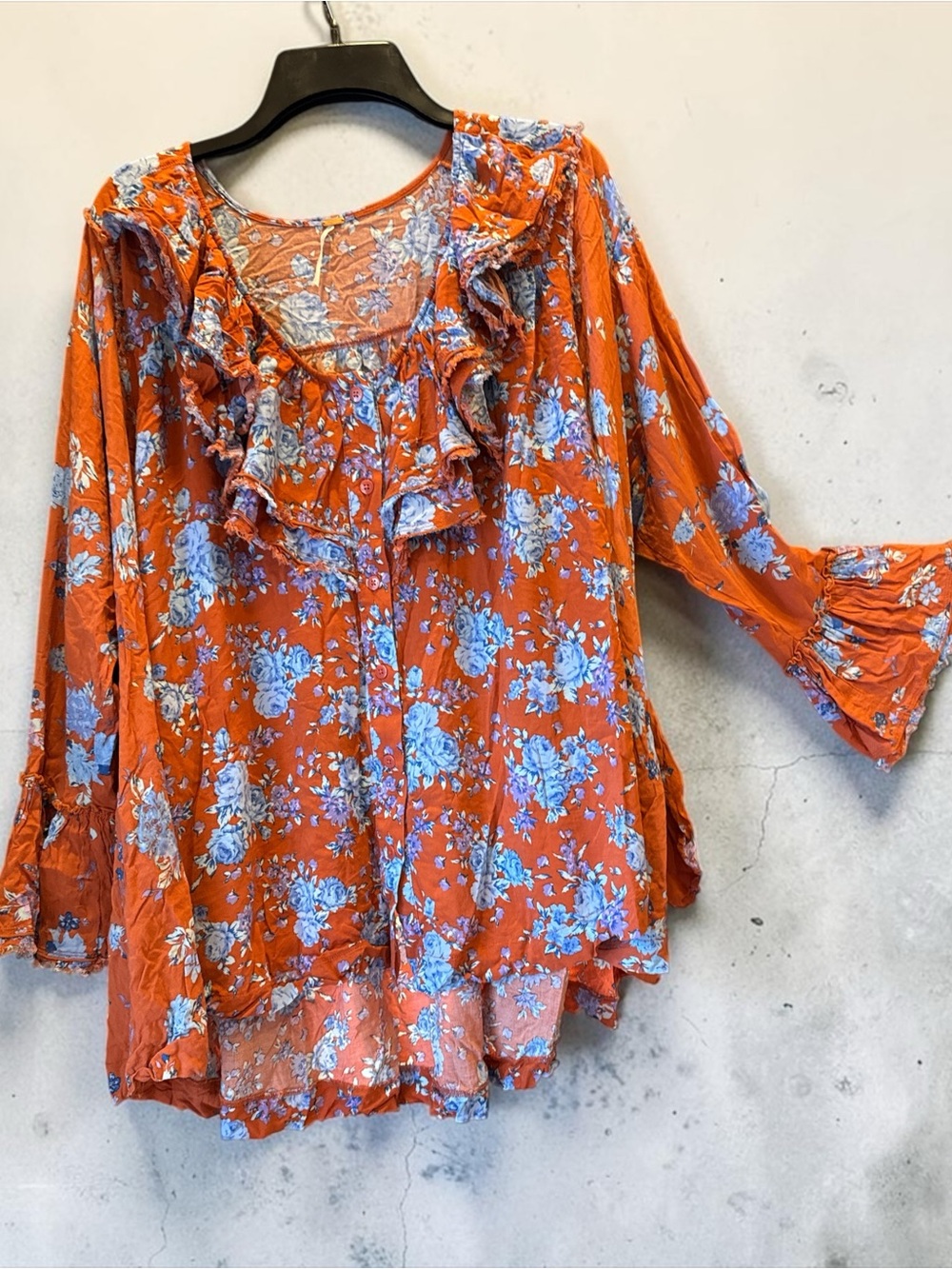 Free People oversized Orange Floral Ruffle Peasant Blouse